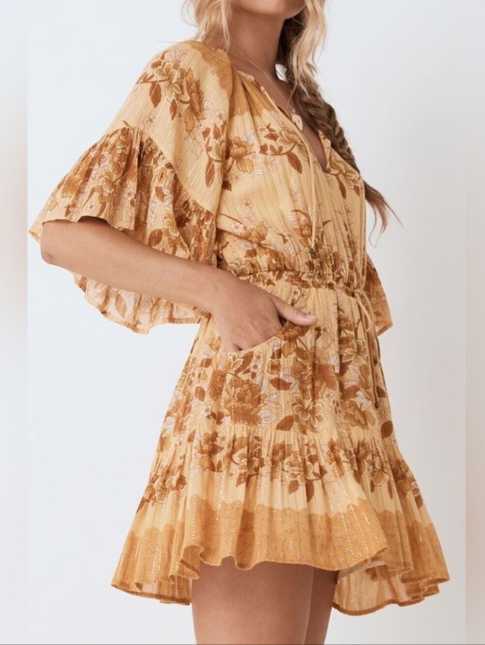 SPELL Buttercup Mini Dress in Sunrise - Gold Lurex Boho Floral - Size XS